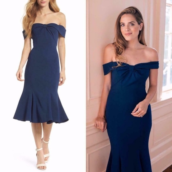 GAL MEETS GLAM | Tyler Navy Off Shoulder Bow Dress - Picture 2 of 10